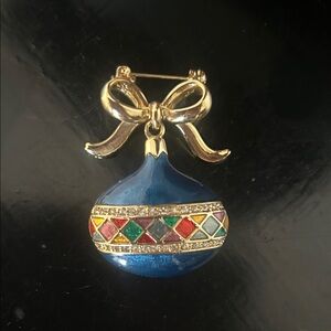 Vintage Monet gold-tone rhinestone Guilloche enamel Christmas ornament brooch